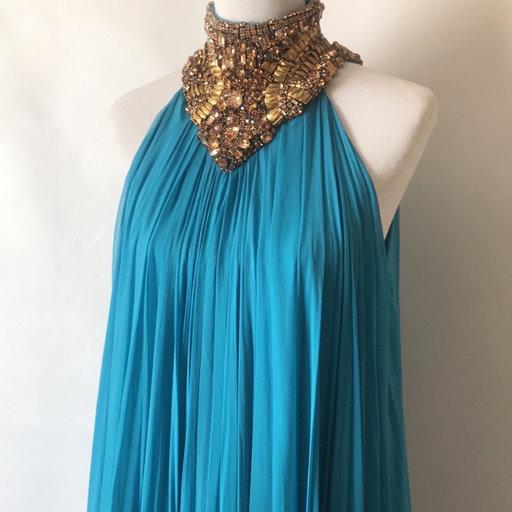 ALEXANDER MCQUEEN Dress NWT Turquoise Chiffon w/Bronze Swarovski Size 42 US 8-10